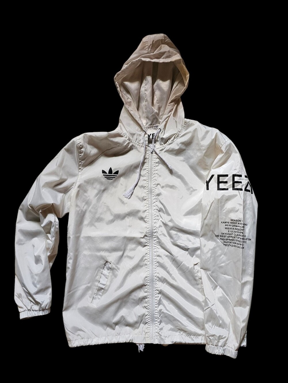 Yeezus Tour White Hooded Windbreaker Jacket with Bold Sleeve Logo